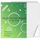 Printable Vinyl Sticker Paper for Inkjet Printer - Transparent Clear - 50 Self Adhesive Sheets - Waterproof Decal Paper - Standard Letter Size 8.5