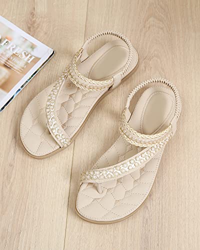 Women's Rhinestones Sandals Summer Bohemia Ankle T-Strap Casual Flat Sandals Elastic Comfort Shoes For Beach Oceanside Holiday Outdoor #TOP1