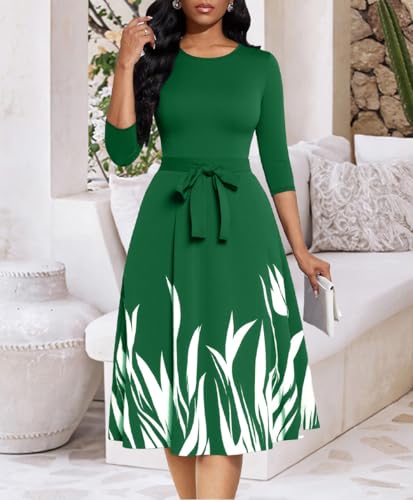 Image of Casual Dresses for Women Midi Church A-Line Fit and Flare Dress Crewneck 3 /4 Sleeve Party Dress