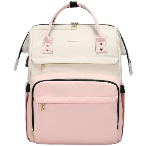 LOVEVOOK Laptop Backpack for Women Fashion Business Computer Backpacks Travel Bags Purse Doctor Nurse Work Backpack with USB Port, Fits 15.6-Inch Laptop Beige Pink