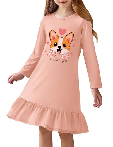 Arshiner - Arshiner Robe de Nuit à Manches Longues pour Filles Pyjama à Motif Corgi Enfants Chemise de Nuit Rose Col Rond Vêtements Hiver pour Filles Pyjama de A-Line 11-12 Ans