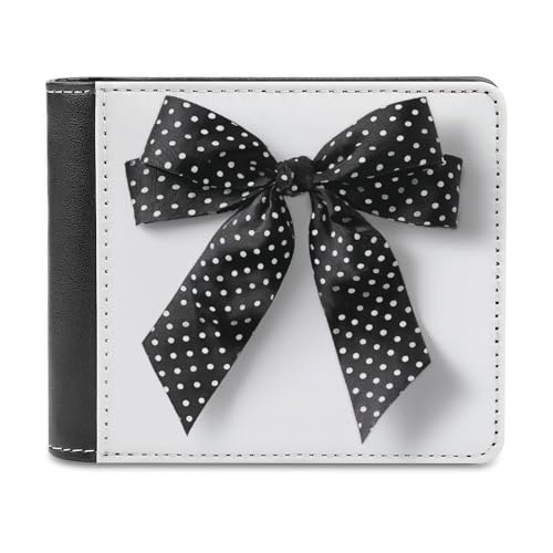 Black White Polka Dot Ribbon Bow Soft PU Leather Bifold Wallet, Coin Purse Credit Pass Case, Durable Card-Holder Slim Billfold for Men Woman Money Storage