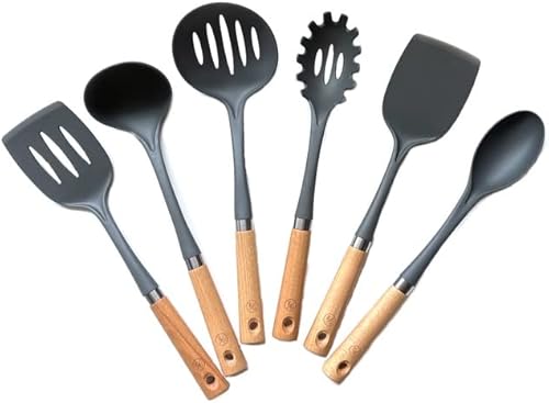 Elegant Gadgets - Juego de 6 utensilios de cocina de madera de haya natural sin BPA antiarañazos y antiadherentes fáciles de usar
