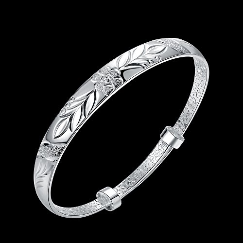 Yuren Women's 925 Sterling Silver Fu Flower Carved Bangle Bracelet 17.5G Weight 6.5Cm For Wedding Gift #TOP2
