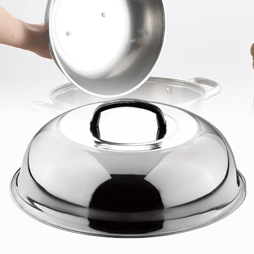 Multifunctional Stainless Steel Round Wok Lid with Handle, Teppanyaki Lid for Home Frying, Steaming, Outdoor Grilling (32cm)