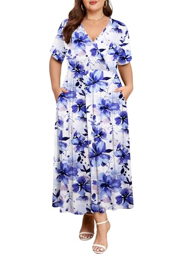 Image of BELAROI Womens Plus Size Maxi Dress Summer Wrap V Neck Flowy Long Sundress Beach Dresses with Pockets