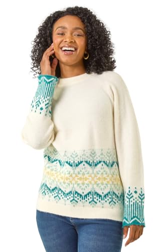 Image of Roman Fairisle Jumper for Women UK Ladies Stretchy Winter Autumn Sweater Casual Knit Knitwear Knitted Pullover Comfy Soft Thick Lightweight Dinner Party Office Work - Petite Ivory - Size 14