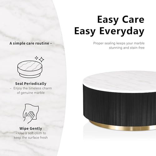 Image of Furniture of America Beryl Modern Round White Genuine Marble Top Coffee Table with Fluted Pedestal Base and Gold Stainless Steel Accent, Low Profile Table for Living Room, Home Office, Black