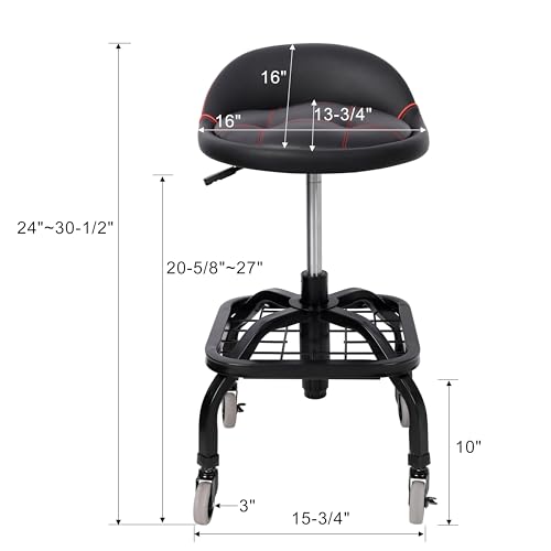 Image of PU Leather Rolling Mechanic Stool, Adjustable Height, Padded Seat with Backrest, with Wheels and Storage Basket, for Garage, Workshop, Home
