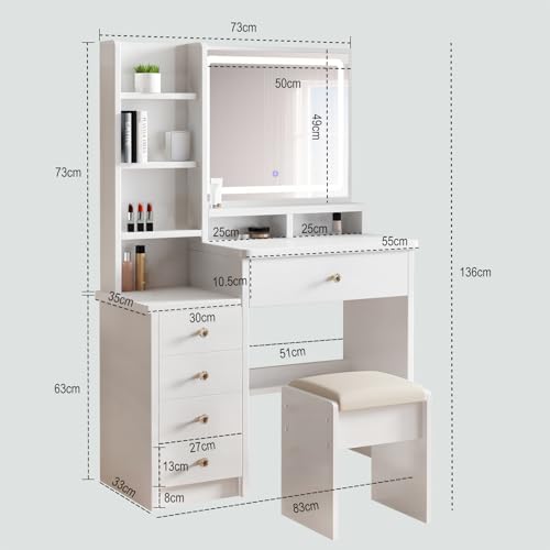 Zeaper - Tocador con iluminación LED y taburete, mesa de maquillaje con gran espejo, mesa de cosméticos con 6 cajones y 3 estantes abiertos, mesa de maquillaje moderna para dormitorio de madera, color - imagen 3