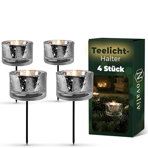 Novaliv 4X Teelicht-Gläser Silber ⌀ 5cm x 8,5cm Mit Metall-Pick...