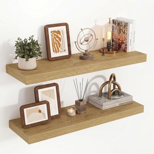 Image of Acovy Floating Shelves for Wall, 23.5cm Extra Deep 80cm Long Wooden Wall Mounted Shelf, Wall Shelves for Living Room Bathroom Bedroom Kitchen, Oak, Set of 2