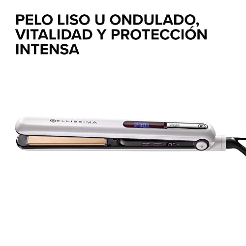 Bellissima Imetec B9 400, Plancha de pelo para peinado liso u ondulado, revestimiento de cerámica y queratina, placas redondeadas, digital, visor LCD