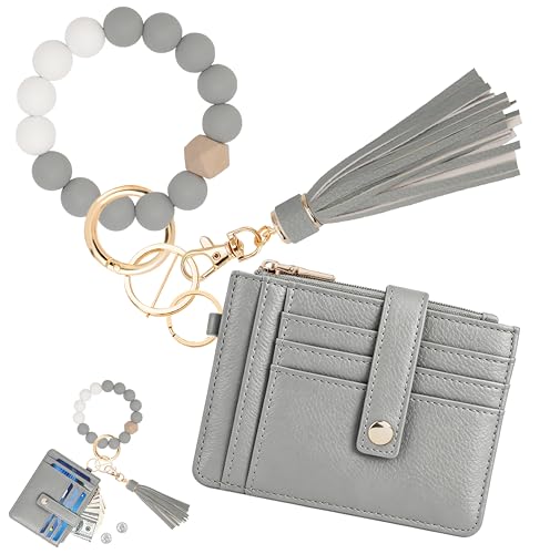 Image of KNGITRYI Wristlet Wallet for Women,RFID Keychain Wallet with Beaded Strap | 8 Card Slots,ID Window,Zipper Pocket,Leather Tassel,Compact Design