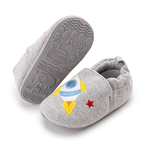 HsdsBebe Toddler Baby Boys Girls Cartoon Cotton Slippers Anti Slip Rubber Soft Sole Sneakers Infant Moccasins First Walker House Crib Shoes(12-24 Months)(QC-119W Rocket Grey,4)