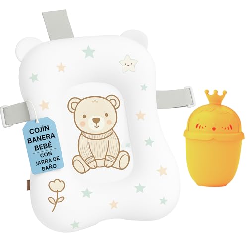 BabyBebloo Cojin Bañera Bebe Osito + Jarra de Baño - Adaptador Bañera Bebe Universal - Reductor bañera - Cojín bañera Bebe - Colchoneta Bebé - Hamaca Bañera - Secado Rapido, Suave y Blando