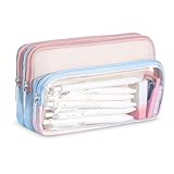 FINPAC Color-Block Pencil Case Organizer - 100 Pen Capacity, Clear PVC Layer & Triple Compartments for Quick Access, Pencil Box Organizer for Study, Artists, Professionals(Blue and Pink)