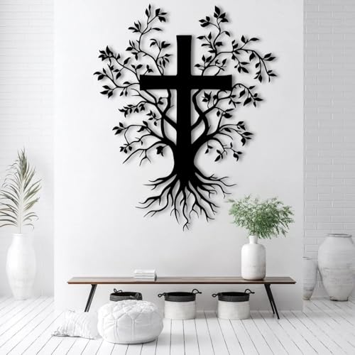 PengKuo Jesus Cross Metal Wall Art, Metal Tree Branch Wall Decor, Christian Cross For Wall, Metal Crosses Wall Decor, Metal Wall Art for Living Room, Bedroom, Church(Black,47x38 cm/19x15 in)