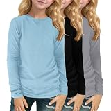 3PC Mädchen Langarmshirt Kinder Rundhals T-Shirts Einfarbige Casual Sport Oberteile Niedlich Basic Tops 7-14 Jahre