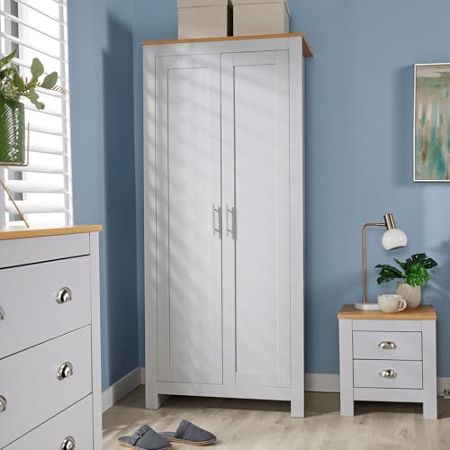 Home Source Bedroom Furniture 2 Door Wardrobe, Storage Shelf, Oak Effect Top, Grey