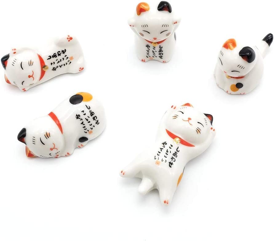 Set di 5 paia di bacchette e bacchette per bacchette e bacchette, portabacchette per gatti fortunati, 5 gatti, bacchette riutilizzabili naturali in bambù, stile classico giapponese, lavastoviglie - immagine 5