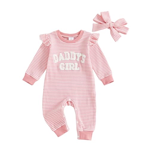 Baby Girl Long Sleeve Romper Newborn Bodysuit Stripe Print Ruffled Trim Daddy's Letter Embroidery Infant Girls Jumpsuits and Headband 2Pcs Set Baby One Piece Outfits (Pink Daddy, 6-12 Months)