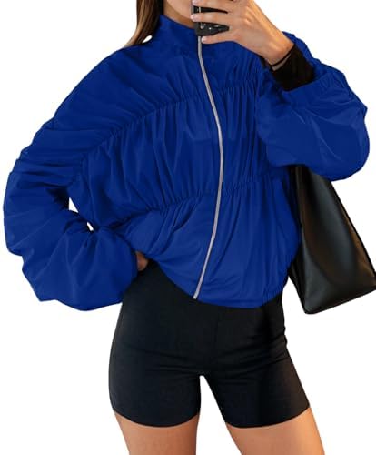 Yousify Womens Lightweight Bomber Jacket Oversized Batwing Sleeve Zip Up Stand Collar Ruched Coat Jackets with Pockets