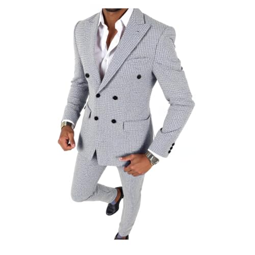 Solove-Suit Men's 2 Pieces Suit Casual Double Breasted Fashion Plaid Tuxedos for Wedding Groomsmen(Blazer+Pant)(Silver,M)