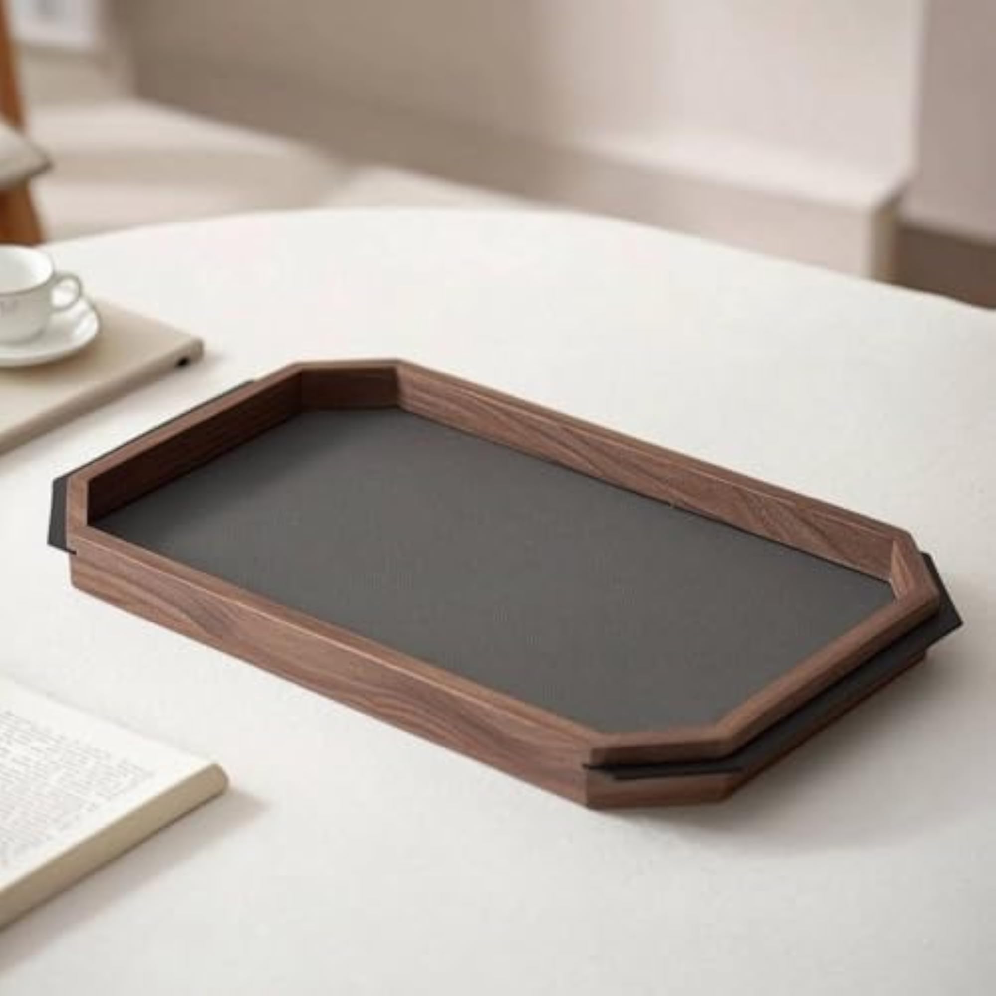 Sleek-Profile Walnut Tray with Leather Inset
