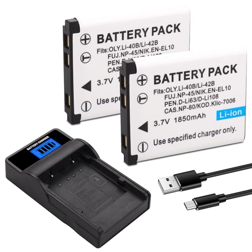 2 Pack 1850mAh NP-45 NP-45A NP-45B NP-45S Battery and LCD Charger Compatible with Fujifilm INSTAX...