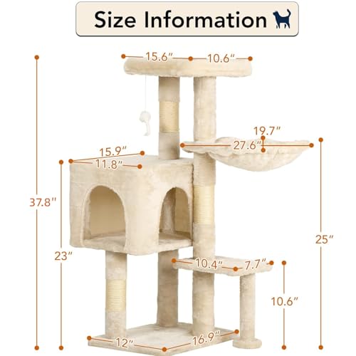 Image of BestPet | 37 inch Cat Tree Tower | Beige | Sturdy Multi-Level Cat Tree with Plush Condo, Cozy Perch, Sisal Scratching Posts, Hanging Toy and Hammock | Easy Assembly | for Kittens & Adult Cats