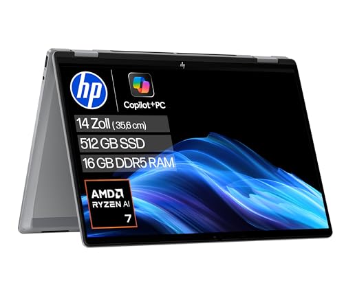 HP OmniBook X Flip 2in1 Next Gen AI Laptop | AMD Ryzen AI 7 350 (8C) | dedizierte NPU für KI | 50 NPU Tops | Copilot+ PC | 14' WUXGA 1920x1200 Touchscreen | 16GB | 512GB SSD | Win11 | QWERTZ | Silber