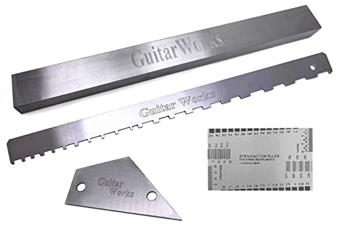 TUOREN 4 Pieces Guitar Luthier Tools Set Unilateral Notched Guitar Neck Straight Edge String Action Gauge Ruler Fret Rocker Fret Leveling Beam Set Up Tool for Guitar Fretboard and Frets