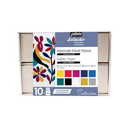 Pébéo Setacolor Textilfarben Collection Set - Deckende Stofffarben - 10 x 45 ml Farbflaschen, 1 x 20 ml Tube Setacolor 3D Gold Brod'perle-Effekt, 1 x 7A Marker, Zubehör, Kreativer Ratgeber