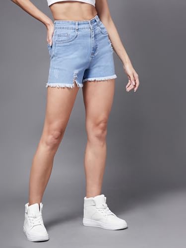 Image of Miss Chase Women's Relaxed Fit Mid Rise Highly Distressed Regular-Length Denim Shorts