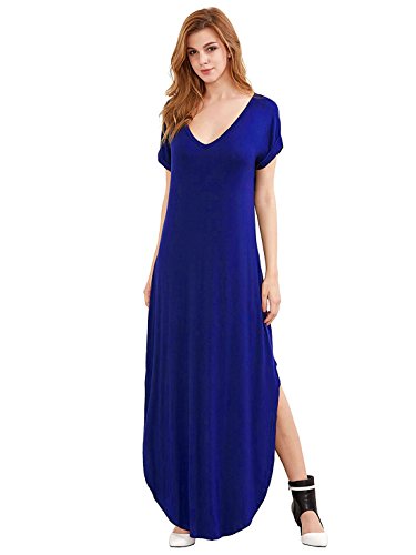 Verdusa Women's V Neck Side Pockets Split Hem Beach Long Maxi Dress Blue XL