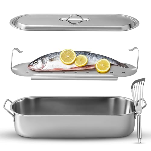 Comparison: Best Pan For Cooking Fish 10 Maxdot 2 Pcs Stainless Steel Endurance Collection Fish Poaching Set, 20 Inch Removable Fish Poacher Rack with Stainless Steel Kitchen Spatula for Cooking, Flipping, Turning, Frying and Grilling