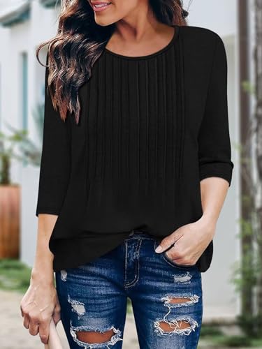KISSMODA Tunic Tops for Women Loose Fit Dressy Round Neck Pleated 3/4 Length Sleeve Spring Tops