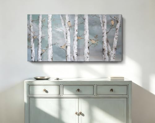Image of Ejart Teal Wall Art Hand-Painted Landscape Forest Oil Painting on Canvas Original Framed Artwork Gold Bird Birch Tree Artwork 'White Birch at Night' for Living Room Bedroom Office Decor 32x16inch