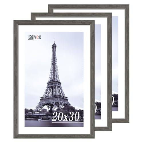 Image of VCK 20x30 Poster Frame Solid Wood Gray Grey 3 Pack Picture Frames 20 x 30 Inches with Wall Mounting Hanging