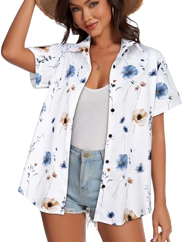 Image of Women Hawaiian Shirt Button Down Summer Tops Beach Short Sleeve Blouse