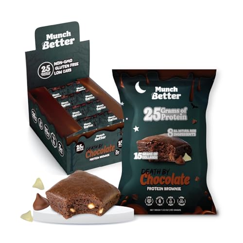 Munch Better Death By Chocolate Protein Brownies – High Protein (25g), Dairy-Free, Gluten-Free Brownie Bites – 15g Collagen, Low Sugar, Clean Ingredients – (8 per box)