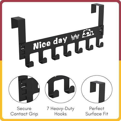 Image of Amiraj Powder-Coated Over Door Organizer, 7-Hook Heavy Duty, No-Drill Hanger for Bathroom, Bedroom & Kitchen (Black, Pack of 1)