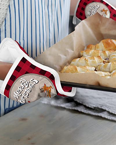 Christmas Santa's Reindeer Pot Holders With Pocket For Kitchen, Heat-Resistant Potholders Set Of 2, Hot Pads Oven Mitts With Hanging Loops For Home Cooking Baking Microwave, Buffalo Plaid Red Black #TOP5
