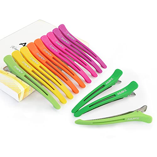 AIMIKE Pinza de Pelo de Duckbill ,12 Piezas Pinzas Pelo Peluqueria Neón Para Peinado Salón, Pinzas PeloProfesionales Para Cortar El Cabello,Seccionador Largo Barrettes para Mujeres y Hombre Cover
