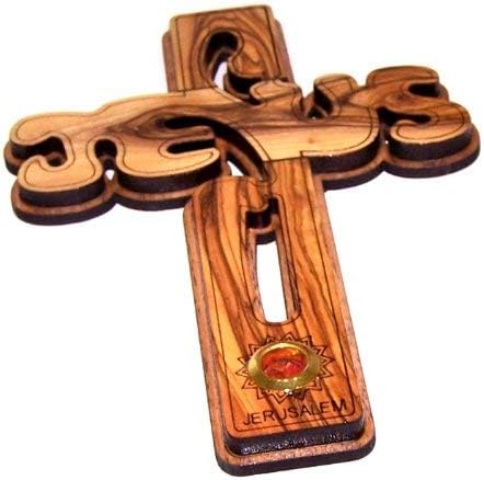 Holy Land Market Jesus Name Olive Wood Cross Carved by Laser with Incense Sample- Hanging or Standing (16 cm or 6 inches) Small/Certificate