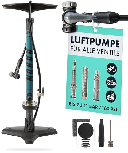 AARON Sport One Fahrrad Standpumpe mit Manometer für alle Ventile | Hochdruck Fahrradpumpe inkl. Ball Aufsatz | Luftpumpe für E-Bike, Mountainbike, Rennrad UVM. Blau