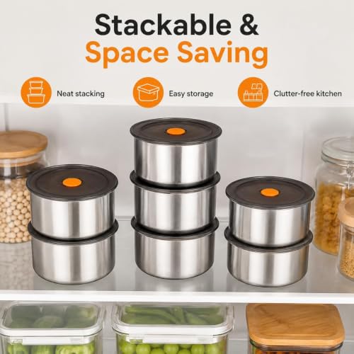 Image of KOMUEE ELEGAR Round Stainless Steel Food Container 50ML | Airtight Silicone Cover | Leak-Resistant Reusable Storage Bowl for Kitchen, Refrigerator, Snacks & Leftover Food (2 pcs food box)