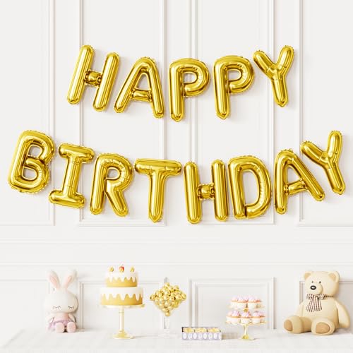 Image of Happy Birthday Balloon Banner, 16 Inch Gold Happy Birthday Foil Balloons, Gold Hbd Balloons Letter Mylar Balloon, Birthday Sign Party Decorations for Women Men Boys Girls