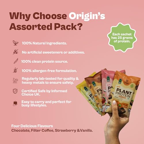 Image of Origin Nutrition 100% Natural & Clean Plant Protein, Assorted Pack (Chocolate, Strawberry, Vanilla and Filter Coffee) 160gm (40gm x 4)